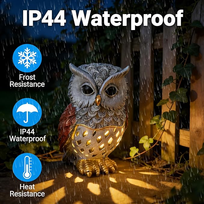 Solar Owl Garden Statues Outdoor Decor Resin Owl Figurine with LED Lights Owl Sculpture for Porch Patio Lawn Yard Decorations Christmas Housewarming Gifts for Women Mom,Brown Owl