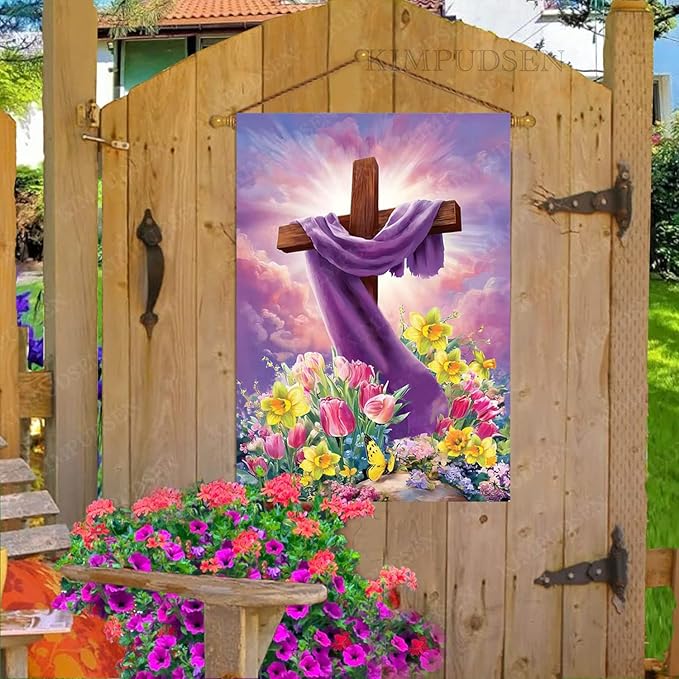 Spring Summer Easter House Flag 28x40 Inch Double Sided Large Burlap Cross Tulip Lily Flower Yard Garden Flags for Seasonal Farmhouse Outside Outdoor Decoration