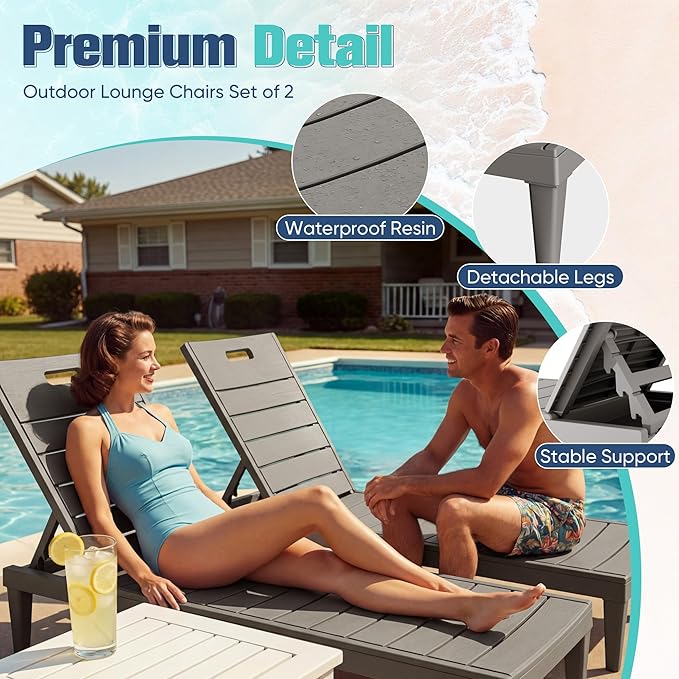 Devoko Outdoor Chaise Lounge Chair Set of 2 with 5-Position Adjustable Back, Waterproof & Lightweight PP Lounge Chairs for Outside Pool Patio (Light Brown)