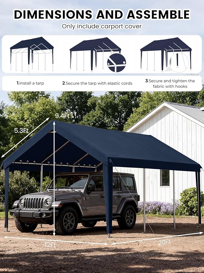12 x 20 Ft Carport Replacement Cover, Heavy Duty Outdoor Car Tarp Canopy, Waterproof & UV Protected Tear Oxford Tarp with Ball Bungees (Frame is Not Included)