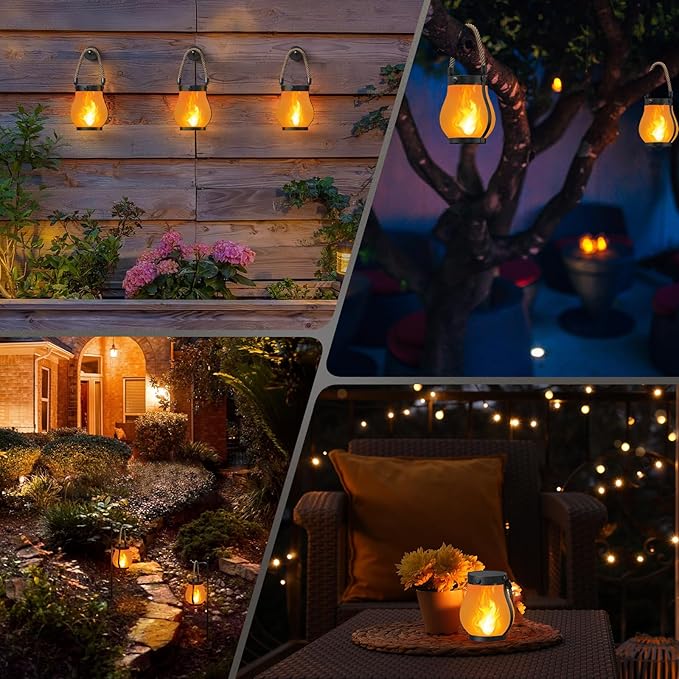 Hompavo Gen2 Solar Lanterns Outdoor with Ultra-Real Flame, Dual Charging (USB/Solar) & 2 Mode - Waterproof Decorative Hanging/Table Lights for Yard Patio Garden Birthday Mothers Day Gifts for Women, 4