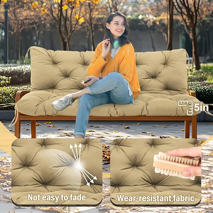 Premium 5" Thick Waterproof Outdoor Swing Cushions Sturdy Durable 2-3 Seat Replacement Porch Swing Cushions with Backrest&Ties Bench Cushion for Outdoor Furniture Backyard Patio(Khaki 48x40)