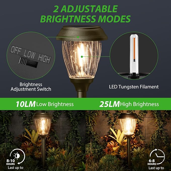 XMCOSY+ Solar Pathway Lights Outdoor, Glass & Metal Garden Lights with 2 Lighting Modes (10/25 LM), IP65 Waterproof, Warm White Decorative for Yard Walkway Driveway Patio & Path