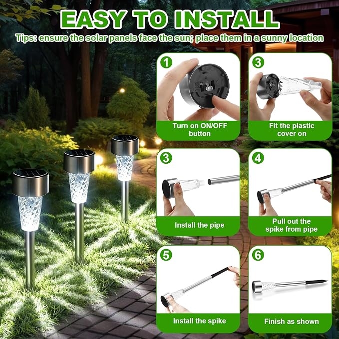Huquary 50 Pack Solar Pathway Lights Outdoor Bulk, Stainless Steel LED Path Lights, Weather Resistant Solar Stake Light with Auto On/Off Sensor for Lawn, Patio, Driveway, Walkway, Garden Path