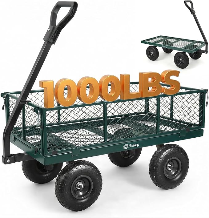 Sekey 1000lbs Heavy Duty Steel Garden Cart for Yard & Farm, Utility Wagon with Removable Sides (Convert to Flatbed), 10" Rubber Tires, Green