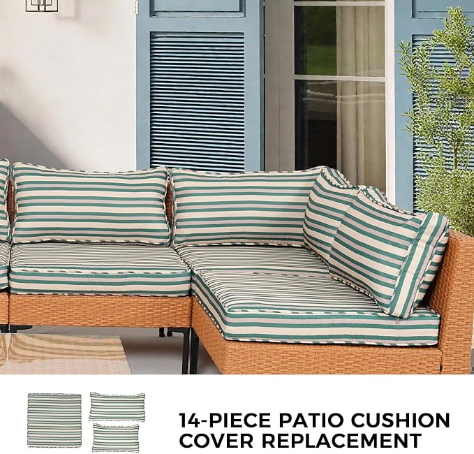 14 Piece Outdoor Patio Cushion Covers Replacement Waterproof with Zipper for 6-Seater Sectional Couch Chair Patio Furniture Conversation Sofa Seat Cushions Slipcovers Set, Only Cover