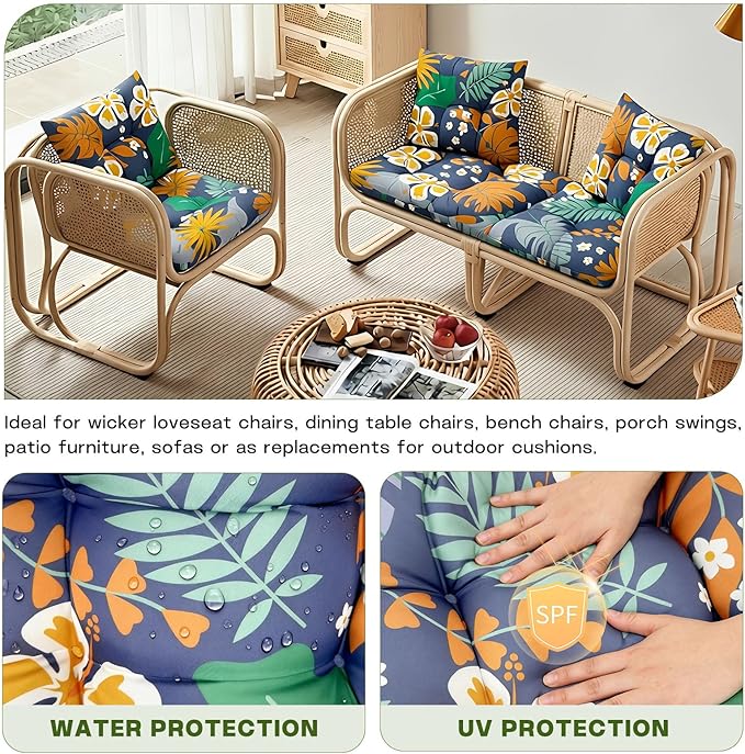 Wicker Chair Cushions Set, 2 U-Shaped Cushions & 1 Loveseat, Waterproof Outdoor Loveseat Cushion for Patio Furniture, Settee Bench Pad All Weather,Flower