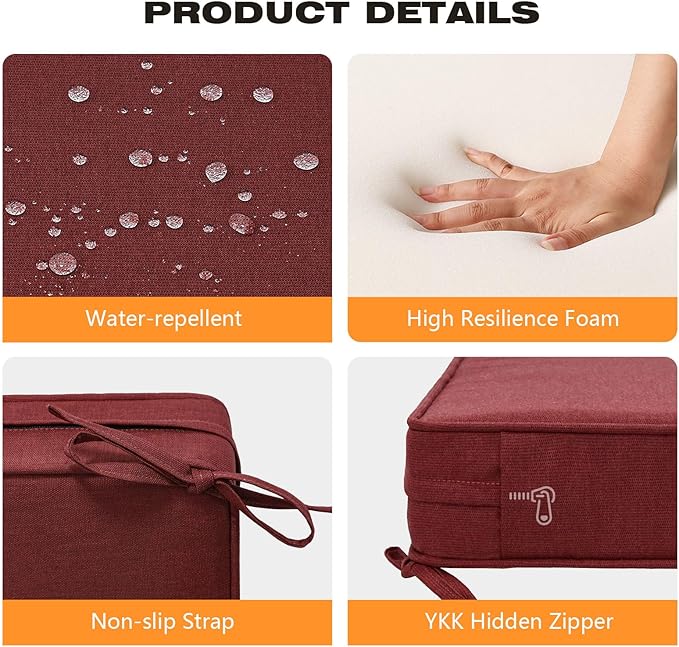 Unimatta Sunbrella Square Corner Seat Cushions, 19" x 19" x 3", Set of 4, Indoor Outdoor Water Repellent Universal Chair Pads with Ties for Patio Furniture, Garden Dining Chairs, Spectrum Brick