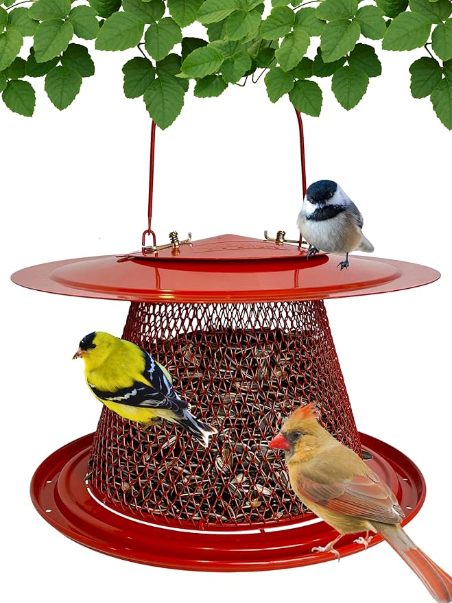 Collapsible Metal Mesh Bird Feeder with Tray - Red Cardinal Bird Feeder - Holds 12 Cups of Sunflower Seeds