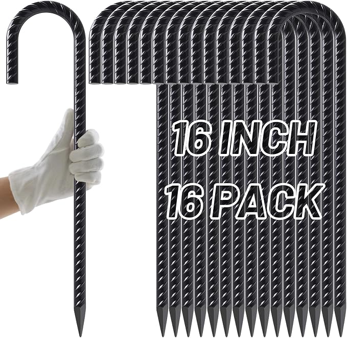 AAGUT Rebar Stakes 16 Inch Heavy Duty 1/2 Inch Diameter J Hook, 16 Pack Black Coated Ground Anchors Chain Link Fence Stakes with Chisel Point End for Large Canopies, Outdoor Inflatables, Swing Set