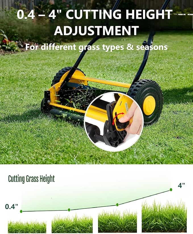 Eco-Friendly Quiet Hand Push Lawn Mower – 16-Inch 5-Blade Manual Reel – Adjustable Cutting Height, Lightweight, Easy Assembly – Ideal for Small to Medium Yards – Yellow | 16 inches - Color