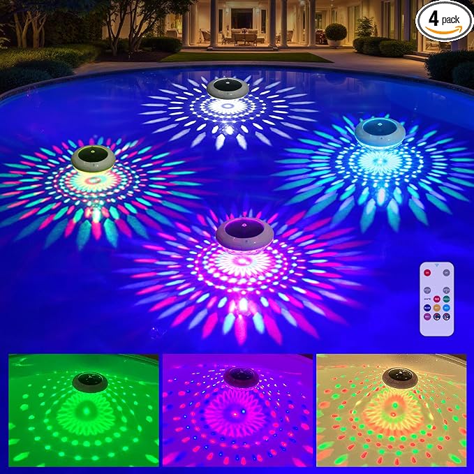 Floating Pool Lights w/Remote, 6.5 Inch RGB Solar Pool Lights that Float with 9 Dynamic Lighting, IP68 Waterproof Pool Floating Light, Hangable Solar Floating Light for Pools Party Garden(4)