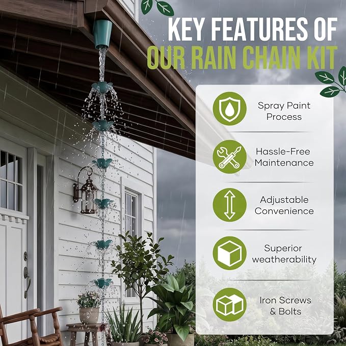 Blue Flower Rain Chain - 8.2FT Iron, 16 Flower Cups, Glass Marble & Bell, Gutter Adapter Included, Outdoor Garden Decor