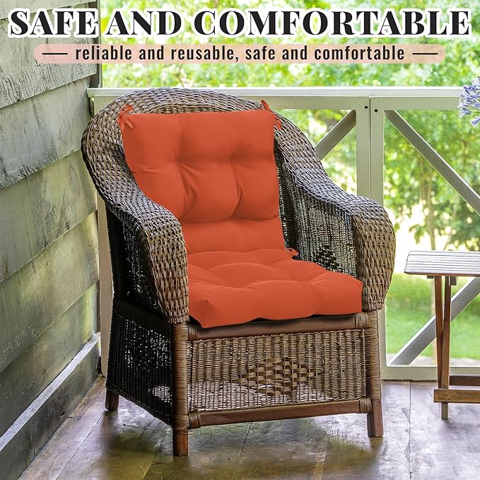 Marsui 2 Pcs Outdoor Indoor High Back Chair Cushions Patio Furniture Tufted Pillow with Ties Water-Resistant Replacement Outdoor Rocking Chair Cushions, 42 x 21 Inches (Orange Red,Solid Color)