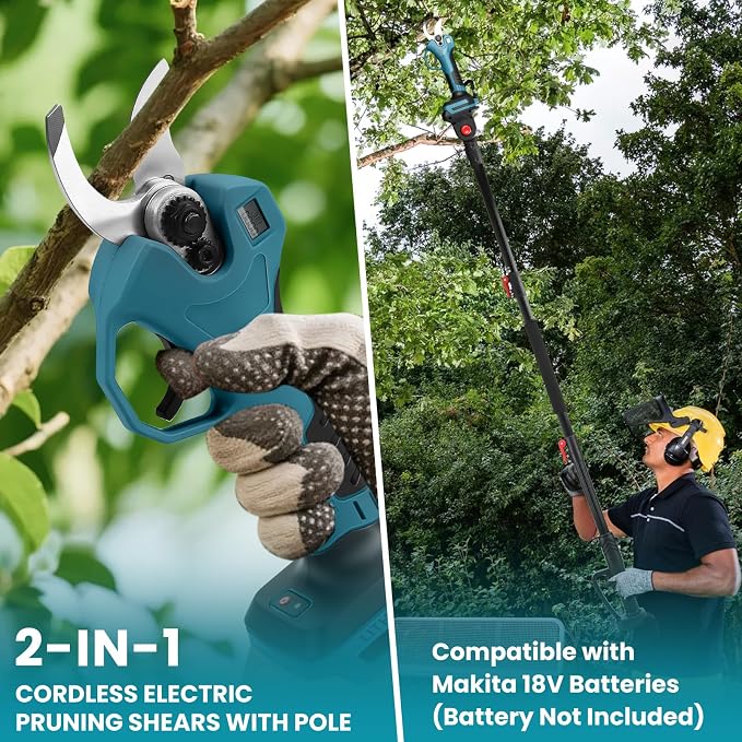 2-in-1 Pole Pruner & Cordless Electric Pruning Shears for Makita 18V Battery, 14Ft Reach, 1.2" Cutting Diameter, Brushless Motor with LCD Display, for Tree Trimming Branch Cutter (No Battery)