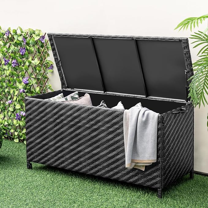 Tangkula Tightly-Woven Rattan Deck Box, Patiojoy Storage Cabinet Container with Polyester Liner, Universal Wheels & Gas Strut, 85 Gallon Indoor Outdoor Storage Box for Pillows, Cushions (Black)