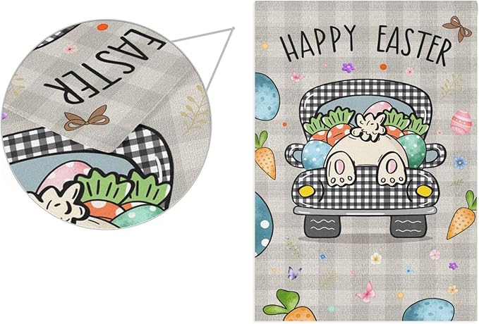 Happy Easter Day Bunny Tail House Flag 28x40 Inch Double Sided Outside Easter Eggs Truck Rabbit Buffalo Plaid Yard Outdoor Flag Banner for Garden Lawn Patio Holiday Decorations