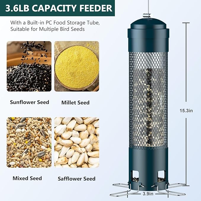 LCSEVEN Bird Feeders for Outdoors Squirrel Proof with Weight-Activated Perches, Hanging Bird Feeder for Outside, Metal Feeder for Wild Cardinal, Finch, Blue Jay, Chickadee, 3LB Seed Capacity, Green