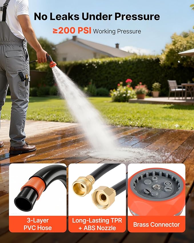 VEVOR Retractable Garden Hose Reel, 1/2 in x 130 ft, Wall Mounted Hose Reel with 9-Function Sprayer Nozzle and 180° Swivel Bracket, Any Length Lock, Automatic Slow Rewind System, for Garden Watering