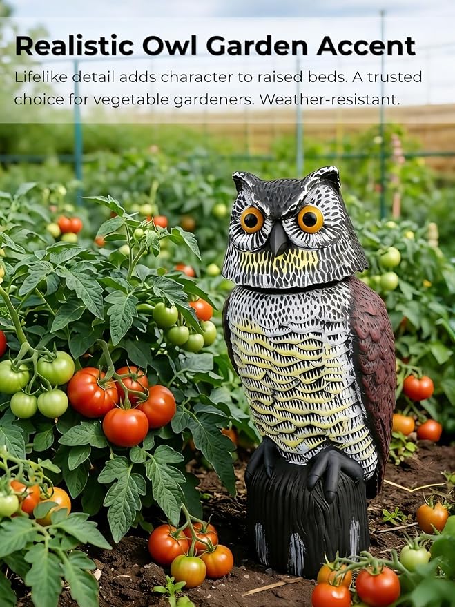 Garden Fake Owl Sculpture with 360° Rotating Head, Waterproof Moving Garden Owl, Outdoor Statue for Yard Patio Balcony Roof Barn Driveway