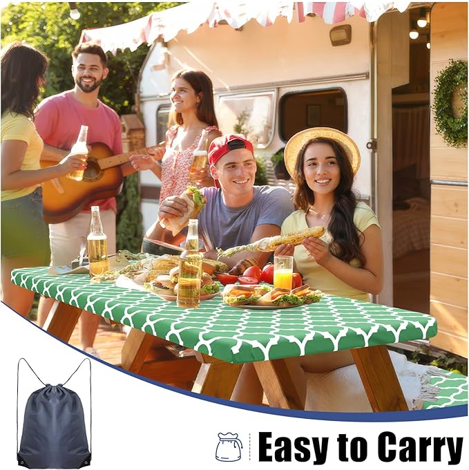 Smiry Picnic Table Cover with Bench Covers, Waterproof Elastic Fitted Tablecloth for 8 Foot Tables, Washable Polyester Tablecloths for Camping, Indoor & Outdoor (Sage Green, 30x96 Inch 3-pc Set)