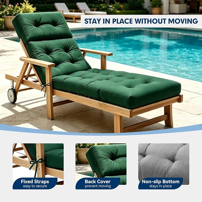 Non-Slip Outdoor Chaise Lounge Chair Cushion, Waterproof 74.4 x 22 x 4.7 Inches Lounge Chair Cushions for Outdoor Patio Furniture with Ties, Pool Chaise Lounge Cushions Replacement, Green