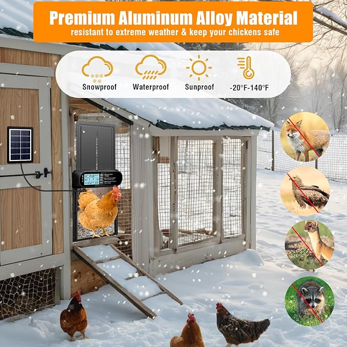 Automatic Chicken Coop Door Solar Powered, LCD Screen Electric Auto Chicken Coop Door with Timer & Light Sensor, Aluminum Rechargeable Automatic Chicken Door Opener with Remote Control & 4 Modes