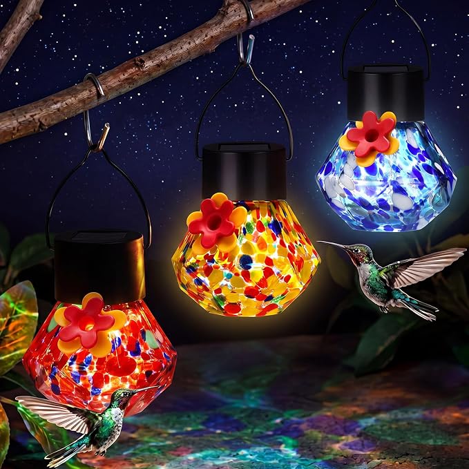 Nuogo 3 Pcs 3.54 Inch Blown Glass Hummingbird Feeders Solar Powered Hummingbird Feeder with LED Light for Garden Outdoors Window Decor Valentine Hanging Gifts Ant and Bee Resistant (Color D,Novel)
