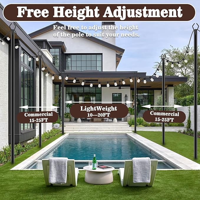 AILBTON 10Ft String Light Poles 6 Pack,Light Poles for Outside Lights,Outdoor with Fence Brackets Hanging Lights,Metal Stand Deck Patio Backyard
