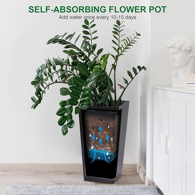 GarveeLife 22.5 in Tall Planters Set of 2, Outdoor＆Indoor Black Planter Pots, High Front Porch Planter Pots with Drainage Holes＆Water Level Monitor＆Inner Bucket, Automatic Watering, Black