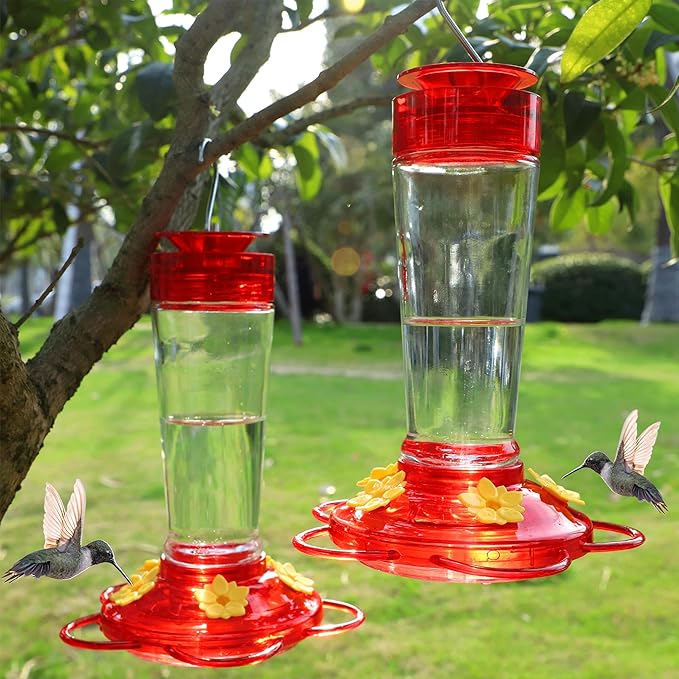 Shrdaepe Hummingbird Feeder, Glass Bottle Bird Feeders, 5 Feeding Ports, 10-Ounce Nectar Capacity, 2 Pack