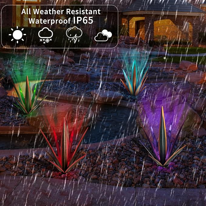 KODIBO Large Tequila Rustic Sculpture, Rustic Metal Agave Plants for Outdoor Patio Yard, Home Decor Hand Painted Metal Agave Garden Yard Statue, Outdoor Lawn Ornaments (Red - L (W/Solar Light))