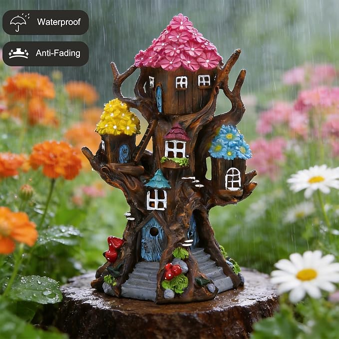 Solar Fairy House 11.8” Tall Fairy Garden House for Outside, Large Fairy Garden Treehouse Accessories Outdoor, Gnome House Garden Statue Fairy Tree House, for Home, Yard, Balcony Decor