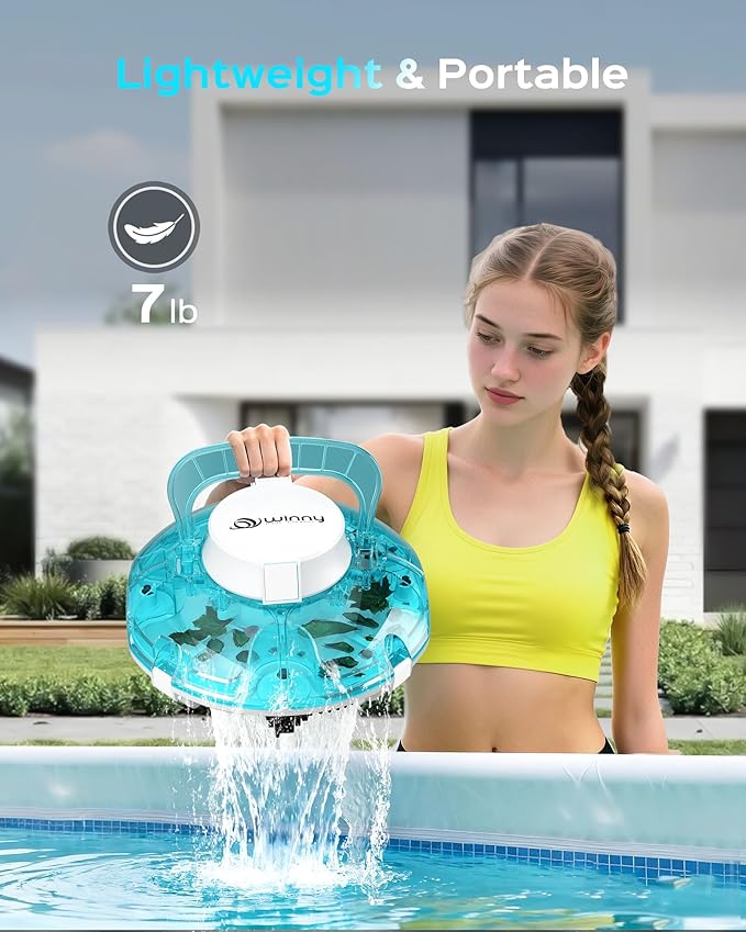 Cordless Robotic Pool Cleaner, Lasts 80 Min, Automatic Vacuum for Above-Ground Pools up to 650 Sq.ft,Portable, Self-Parking(Transparent Blue White)