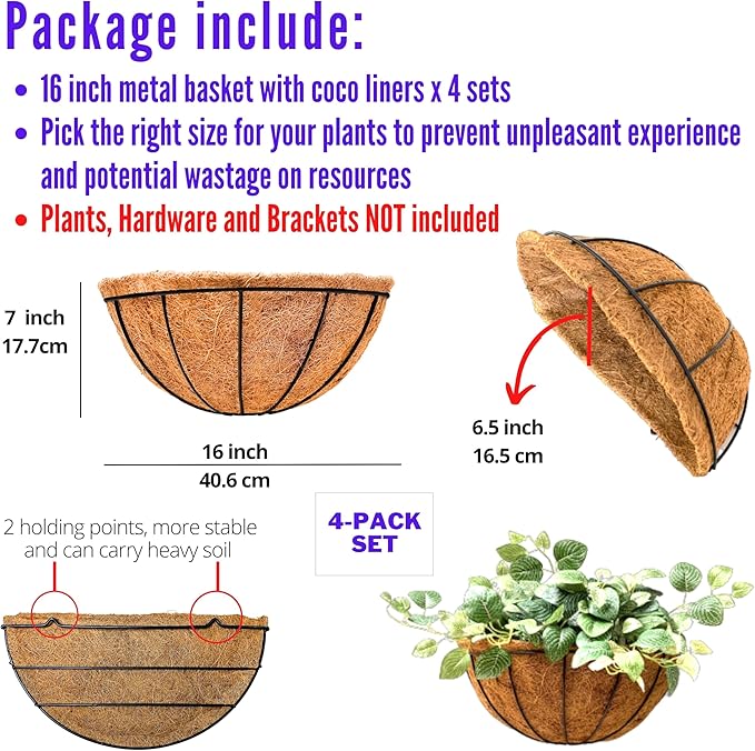 LaLaGreen Large Wall Flower Baskets, 4 Pack, 16 Inch Rail Planter for Outdoor Plants, Metal Wire Plants Holders with Coco Liner Outside Fence Balcony Garden Pots Railings Hanging Deck Porch Decor