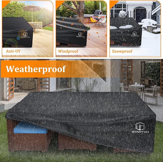 STARTWO Patio Furniture Covers Waterproof, Outdoor Furniture Set Cover for 7-12 Seats Sectional Sofa Table Chairs Anti-UV Tear-Resistant 500D Heavy Duty,110"x84"x28", Black