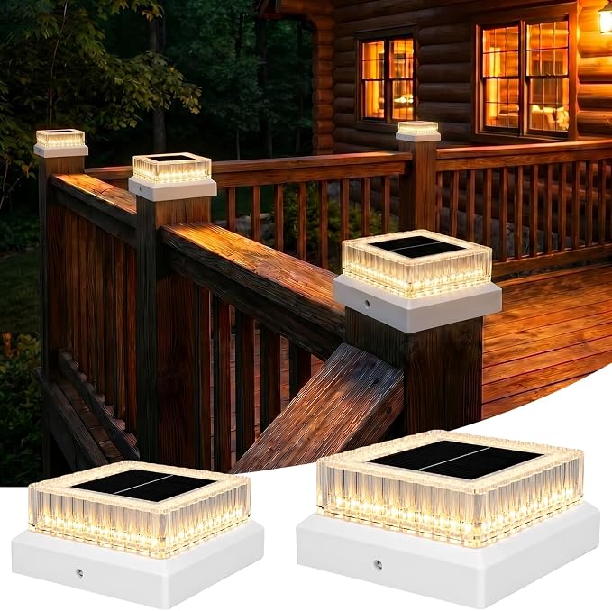 Solar Post Cap Lights Outdoor, 2 Pack Waterproof Fence Post Solar Lights 3000K with Fade-Proof Clear Lampshade Deck Post Lights Fit for 3x3 4x4 5x5 Vinyl/Wood Posts Garden Patio Porch