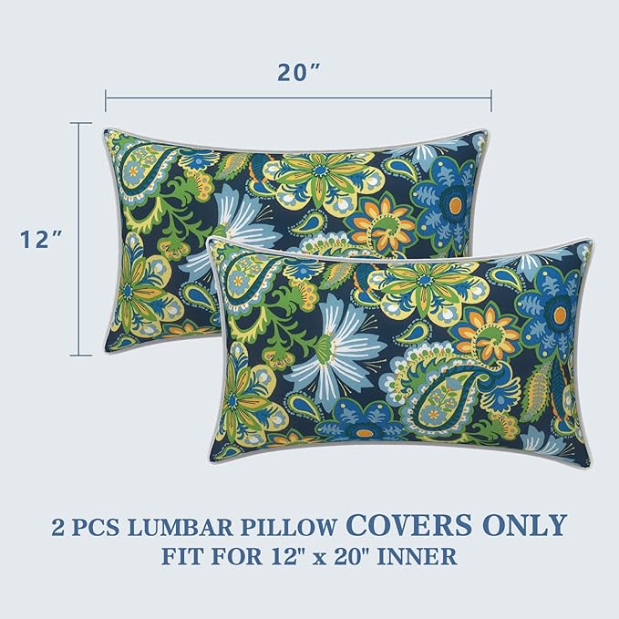 LVTXIII 2 Pack Outdoor Lumbar Pillow Covers 12x20 Inch with Piping, Water-Repellent Back Cushion Covers ONLY for Patio Furniture, Sofa, Garden Bench, Bohemian Azure