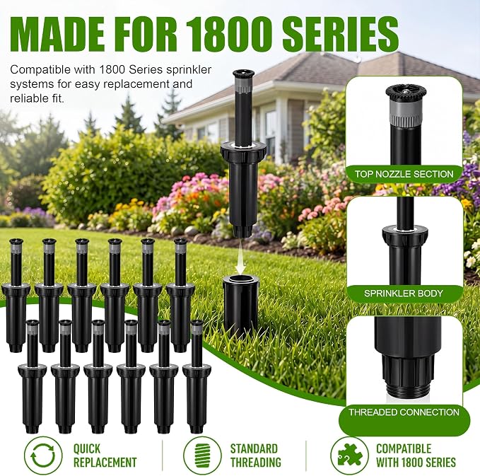 12 Pack Adjustable Sprinkler Heads for Lawn, Compatible with Rain Bird 1800 Replacement Sprinkler Head, 4-Inch Pop-Up, 9-20 ft Radius, 0-360° Adjustable Arc, Efficient Garden Yard Irrigation