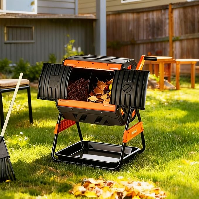 VEVOR Compost Tumbler, 53 Gallon Dual Chamber Outdoor Tumbling Composter with 2 Sliding Doors and Aeration System, Large Easy-Turn Rotating Composting Bin for Outside, Garden, Kitchen, and Yard Waste