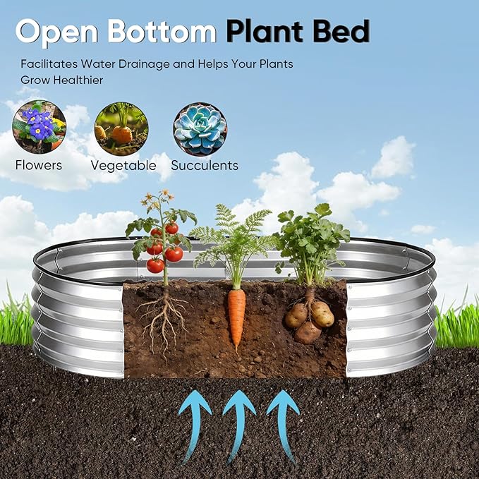 Galvanized Raised Garden Bed 6x3x1ft, Rust-Resistant Metal Oval Planter Box Outdoor, Easy Assembly Planting Bed Kit for Vegetables, Fruits, Herbs - Silver