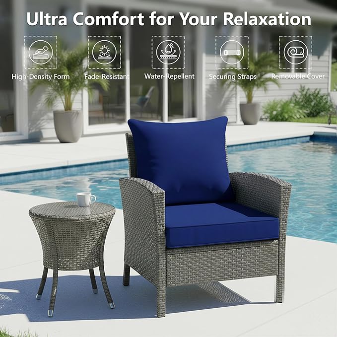 24x24 Inch Outdoor Chair Cushion with Removable Cover, Patio Furniture Cushion - Water-Repellent, Fade-Resistant, Non-Slip Bottom & Straps, Replacement for Deep Seat Sofa & Couch - Navy