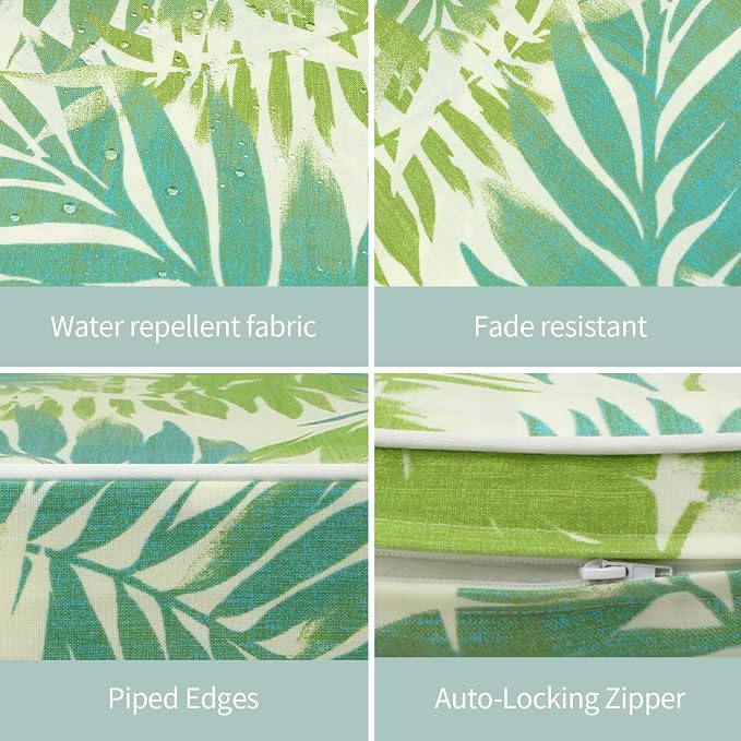 Outdoor Chair Cushions Set of 2, 17x16 Inch U-Shape Patio Seat Cushions with Ties, Water & Fade Resistant High Density Foam Cushions for Garden Patio Chairs, Green Leaf