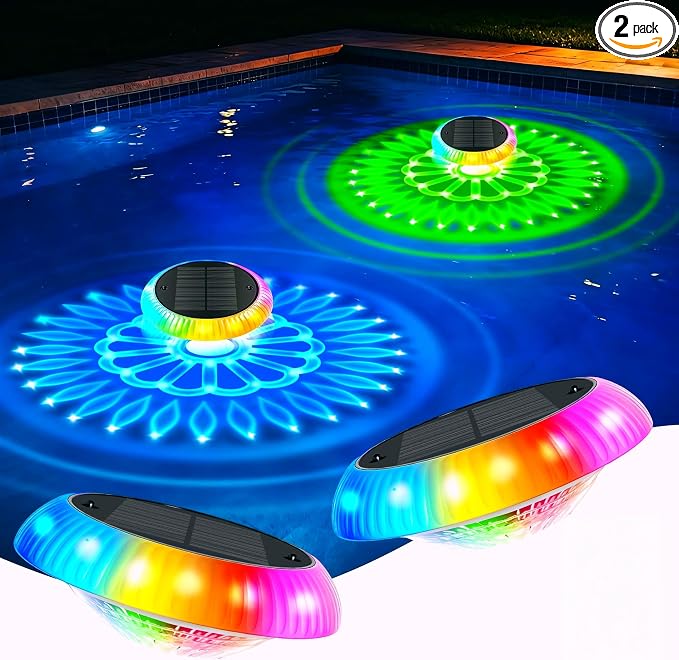 Solar Floating Pool Lights, 6.4" Solar Pool Lights that Float, RGB Upper and Lower Floating Pool Light Solar Powered, IP67 Waterproof, 57 Modes, 3 Timers for Above Ground Pools, Bathtub & Party, 2 PCS