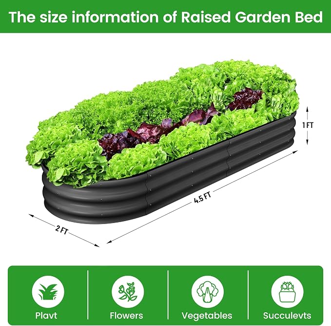 GarveeLife 2 Pcs 4.5x2x1 ft Oval Raised Garden Bed, Galvanized Raised Beds,Open-Ended Base Metal Raised Planter Beds,Garden Bed Outdoor,Planter Raised Boxes for Vegetables, Flowers,Tool-Free Asse,Gray