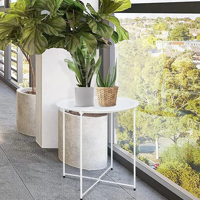 Garden 4 you End Table Metal Side Table Round Folding Tray Cyan Sofa Small Accent Fold-able Table, Round End Table Tray, Next to Sofa Table, Snack Table for Living Room and Bed Room,White