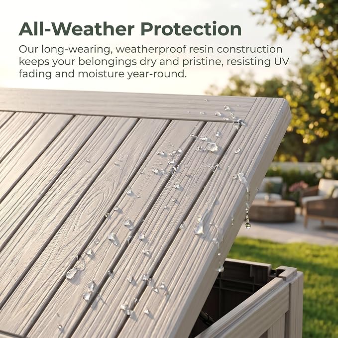 80 Gallon Deck Box, Waterproof Resin Outdoor Storage Box Lockable for Patio Furniture, Fade Resistant Patio Side Table & Organizer for Garden Tools, Pool Floats, Outdoor Cushions, Light Coffee