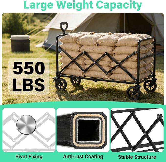 Upgraded Heavy Duty Foldable Wagon – 550LBS Capacity, All-Terrain Wheels & Brakes, Large Collapsible Cart for Beach, Camping, Grocery & Sports (Black)