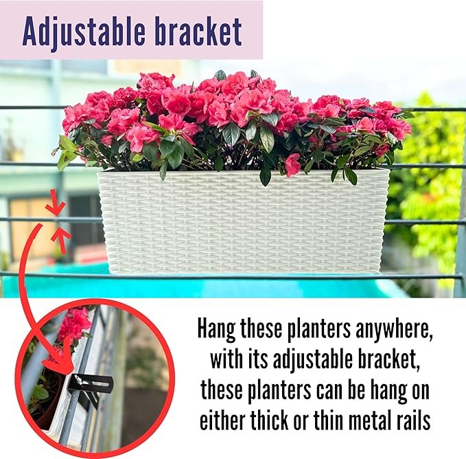 LaLaGreen Outdoor Rail Planter for Balcony (20 Inch, 2 Pack) Large White Self Watering Railing Planters with Brackets, Rectangular Plastic Fence Modern Window Boxes Designer Choice with Rattan Pattern