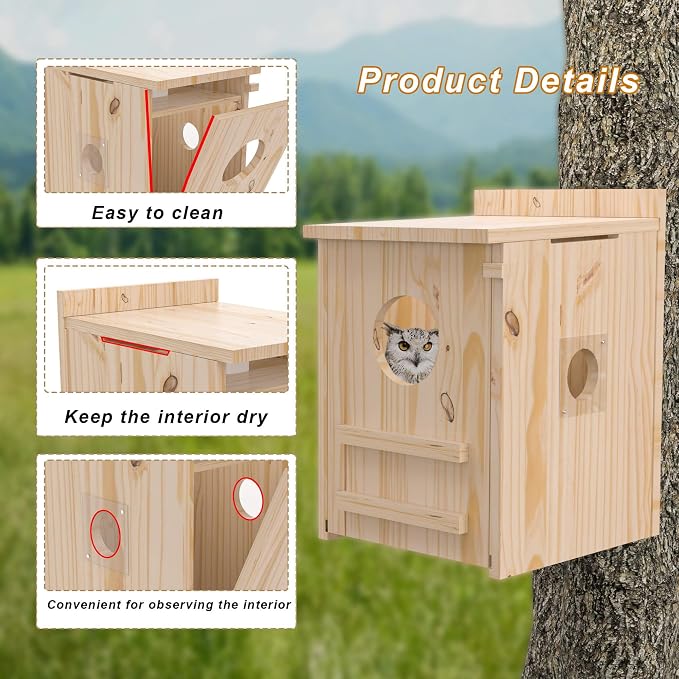 Solar-Powered Smart Owl House with Camera - Outdoor Hanging Wooden Nesting Box, Real-Time View & Motion Detection, for Garden for 2.4g WiFi Coverage Area, for Owl Lovers